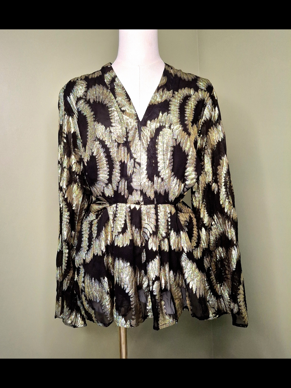 Kaktus Gold Metallic Faux Wrap Peplum Blouse Size L Evening Top